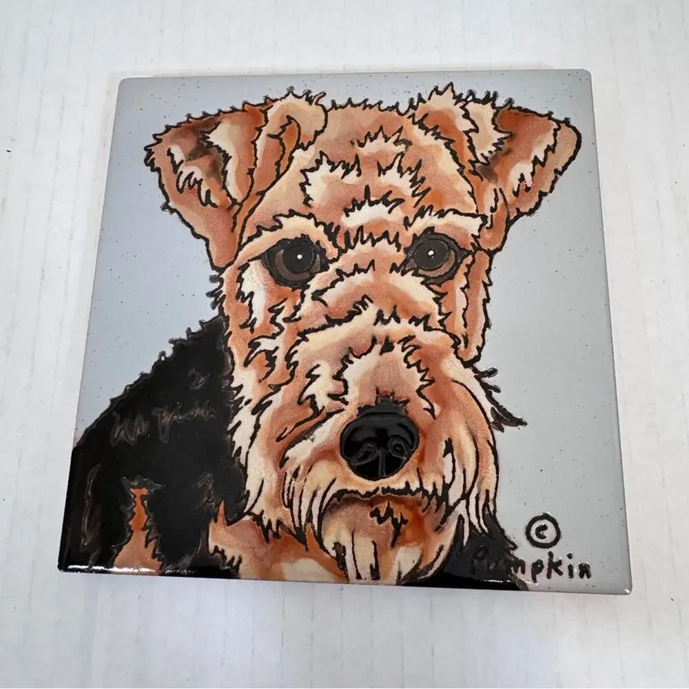 Hand Painted Pumpkin Tile Airedale Terrier Dog 6x6 Trivet Kitchen